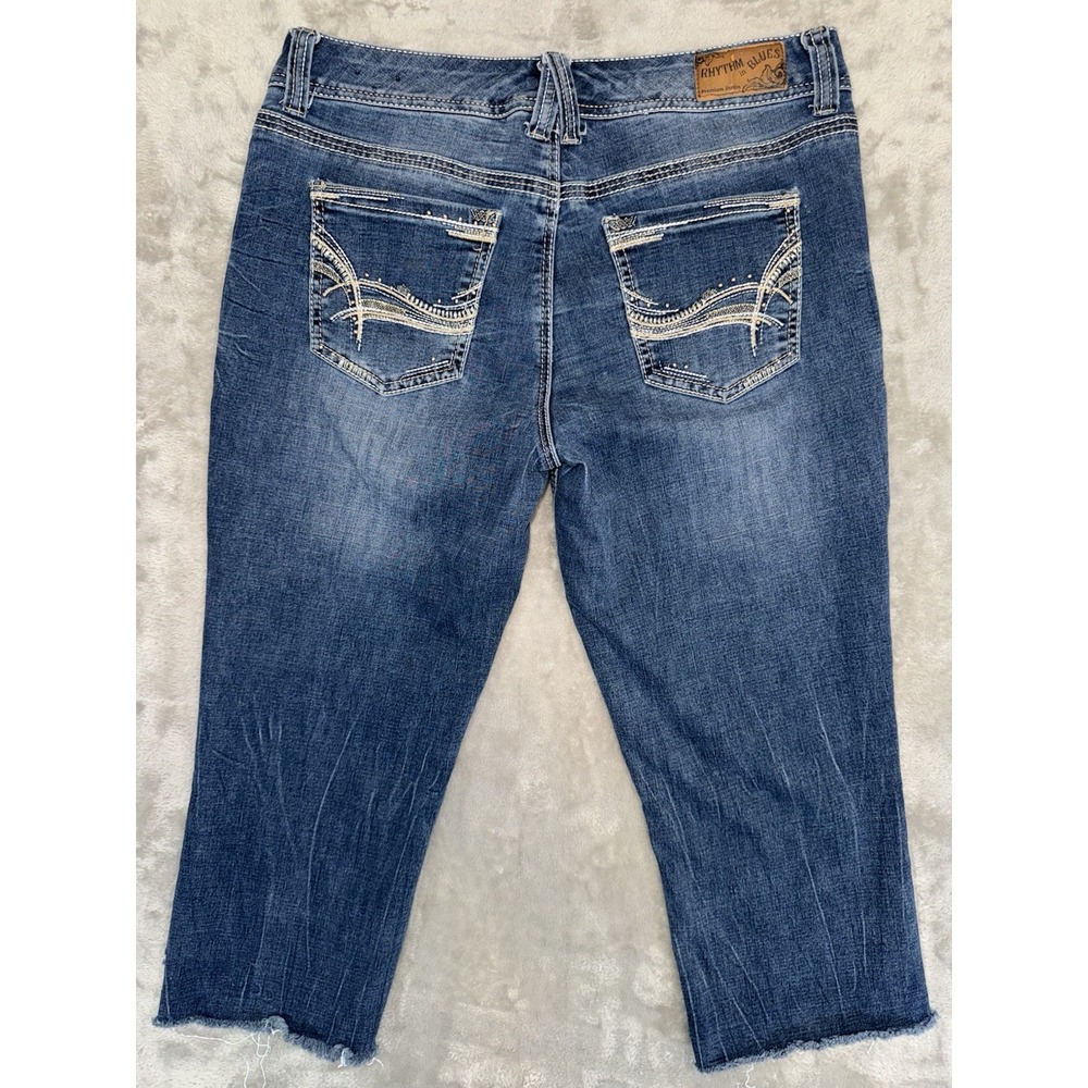 Rhythm‎ In Blues Cutoff Capri Jeans Sz 10 Mid Rise Stretch Med Wash Thick Stitch - Picture 12 of 16
